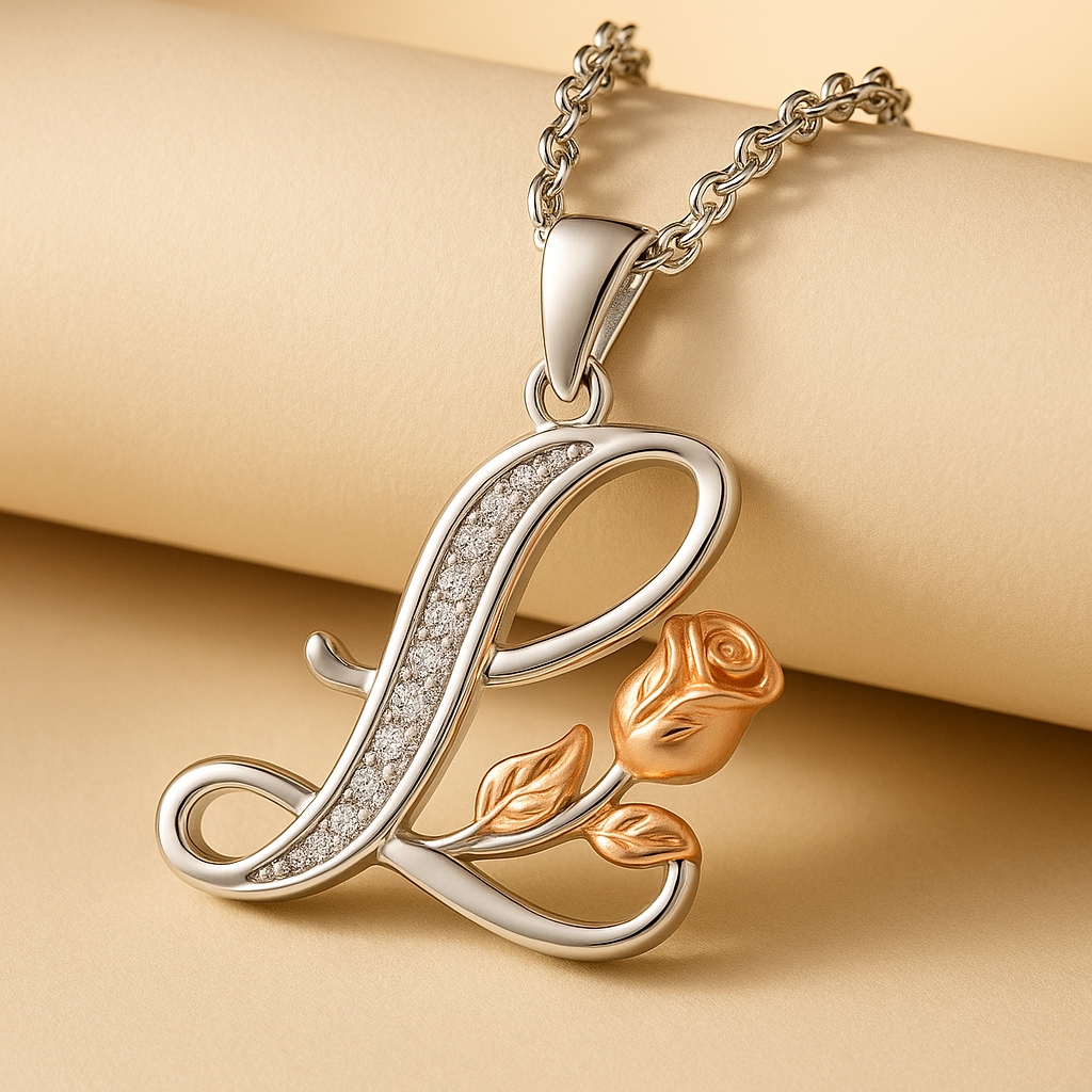 Initial Alphabet Rose Pendant Necklace