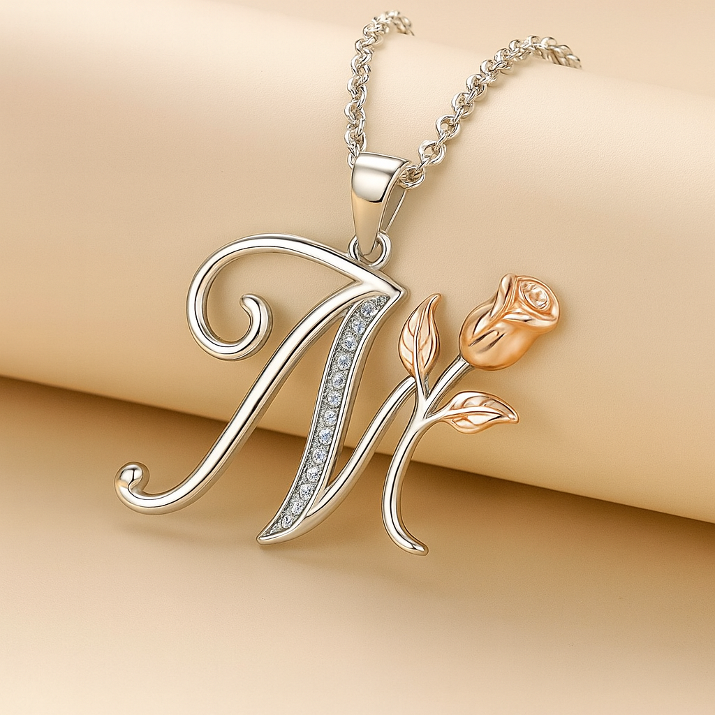 Initial Alphabet Rose Pendant Necklace