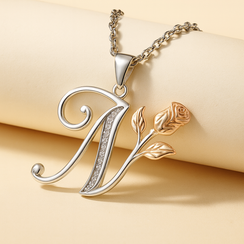 Initial Alphabet Rose Pendant Necklace