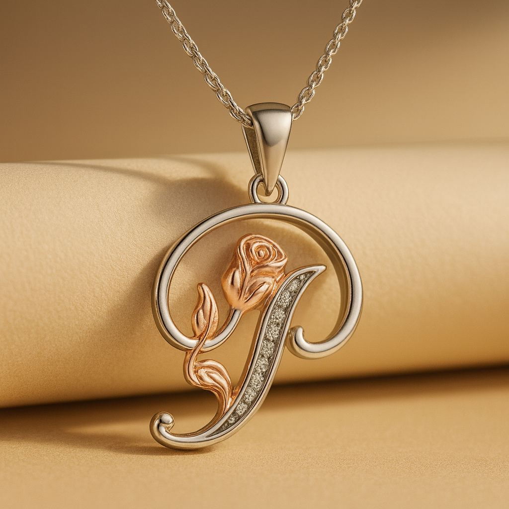 Initial Alphabet Rose Pendant Necklace
