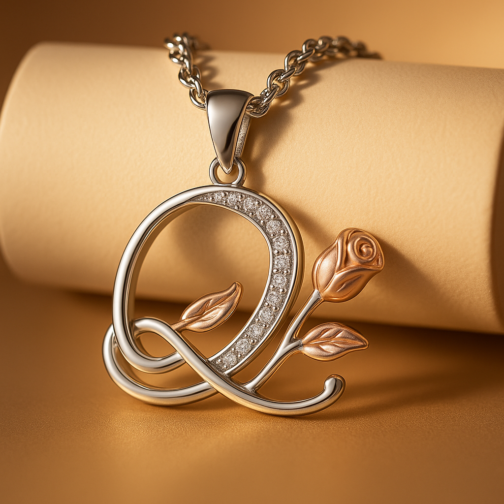 Initial Alphabet Rose Pendant Necklace