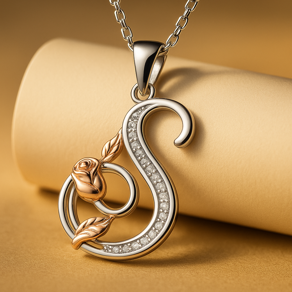 Initial Alphabet Rose Pendant Necklace