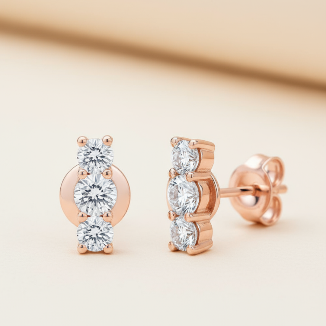 Three Stone Moissanite Diamond Bar Stud