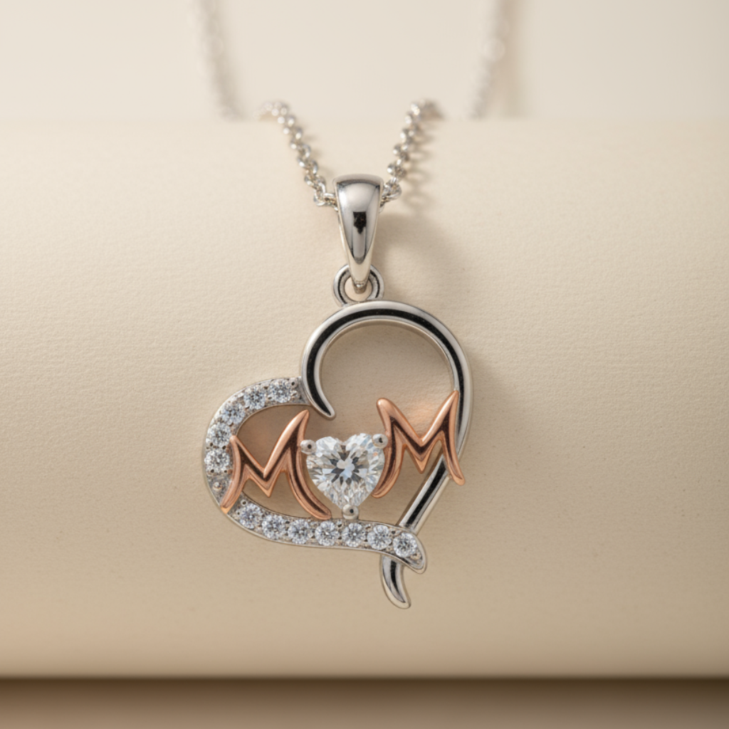 Two Tone Mom Heart Pendant Necklace