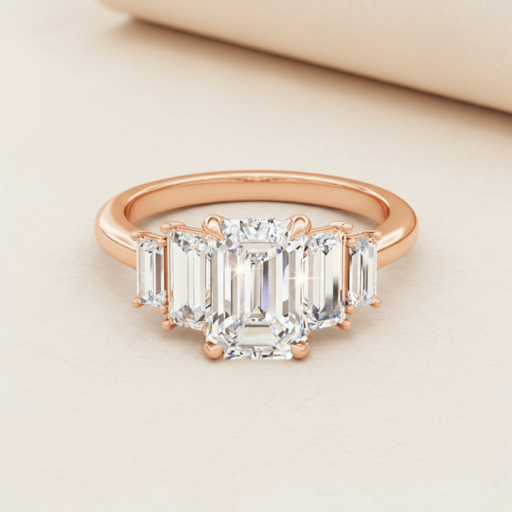 Emerald Five Stone Moissanite Diamond Ring