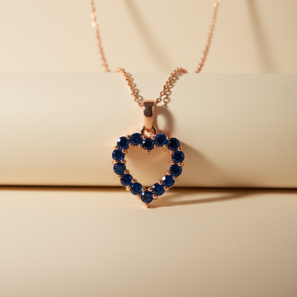 Blue Sapphire Heart Outline Drop Pendant Necklace