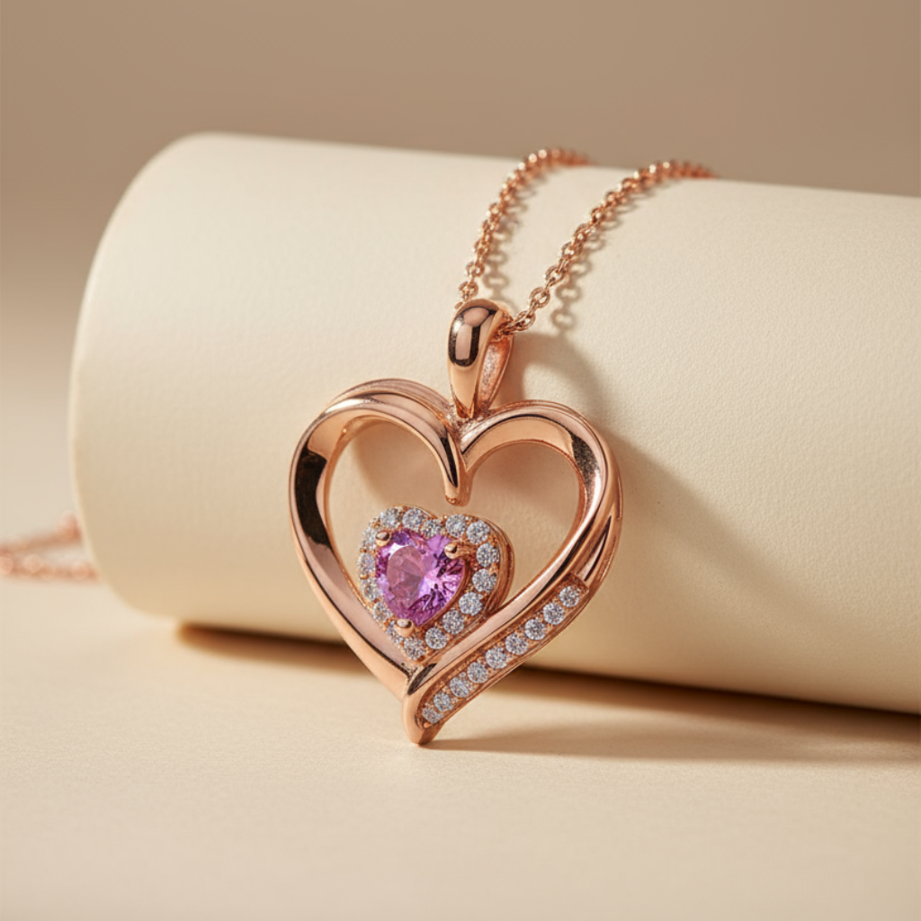 Pink Sapphire Double Love Heart Pendant Necklace