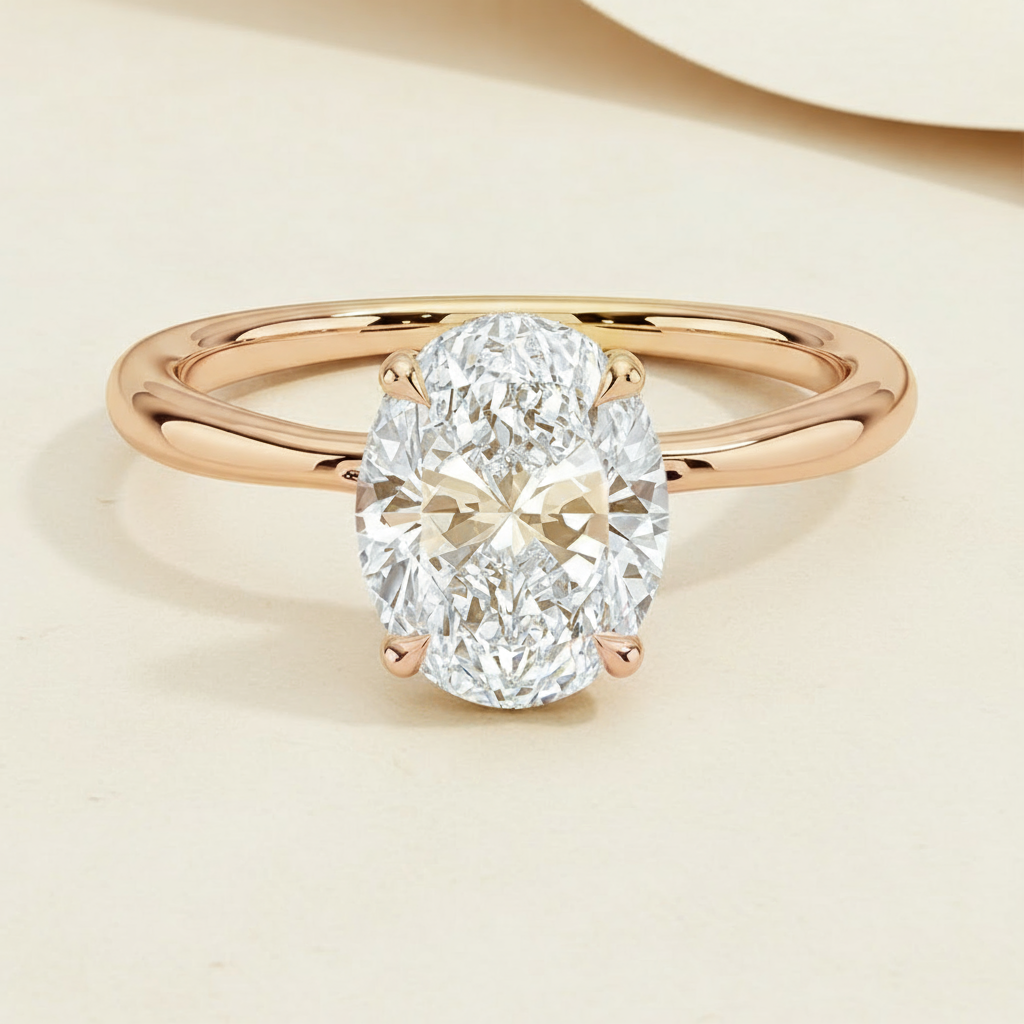 Oval Secret Halo Moissanite Diamond Ring
