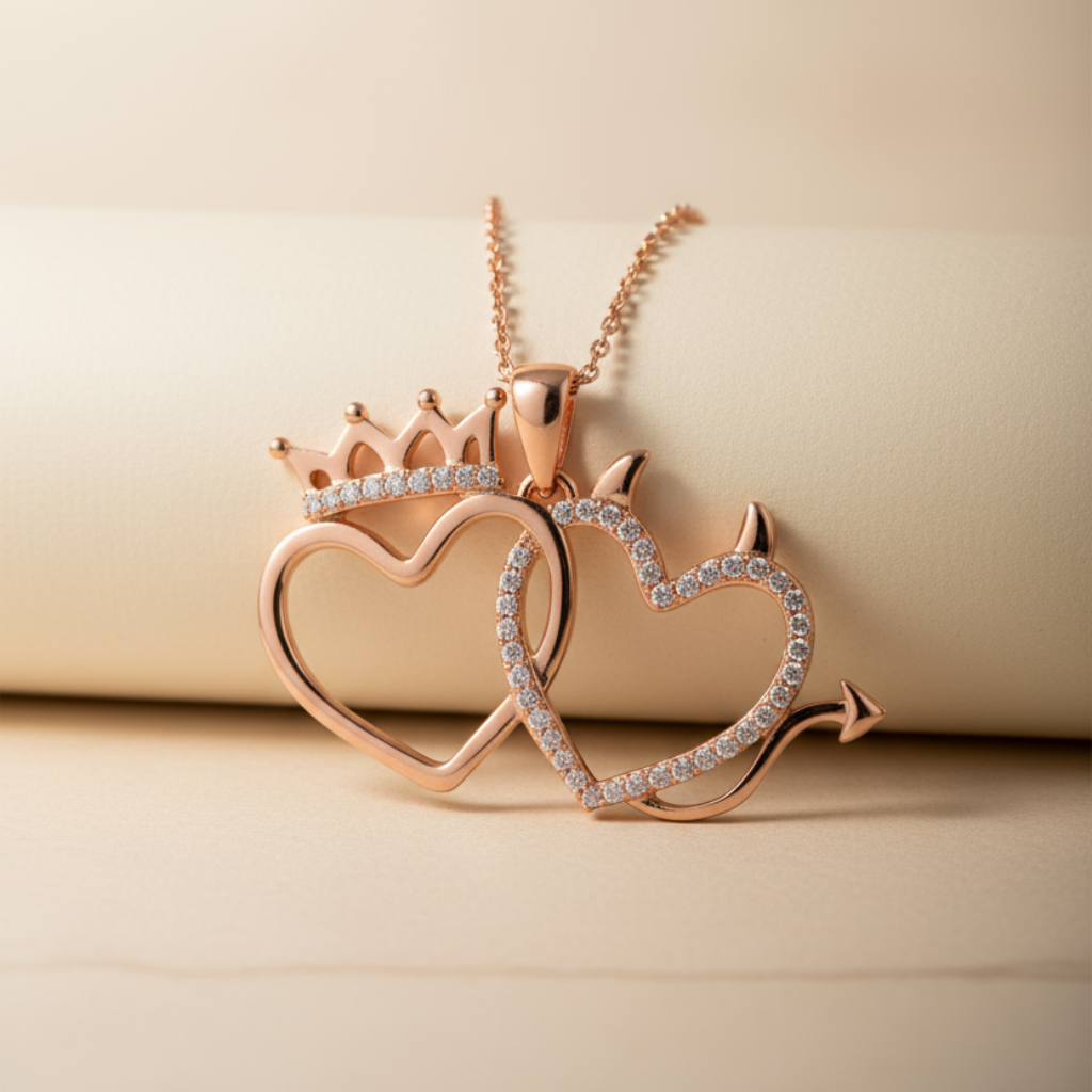 Crown Devil Double Heart Pendant Necklace
