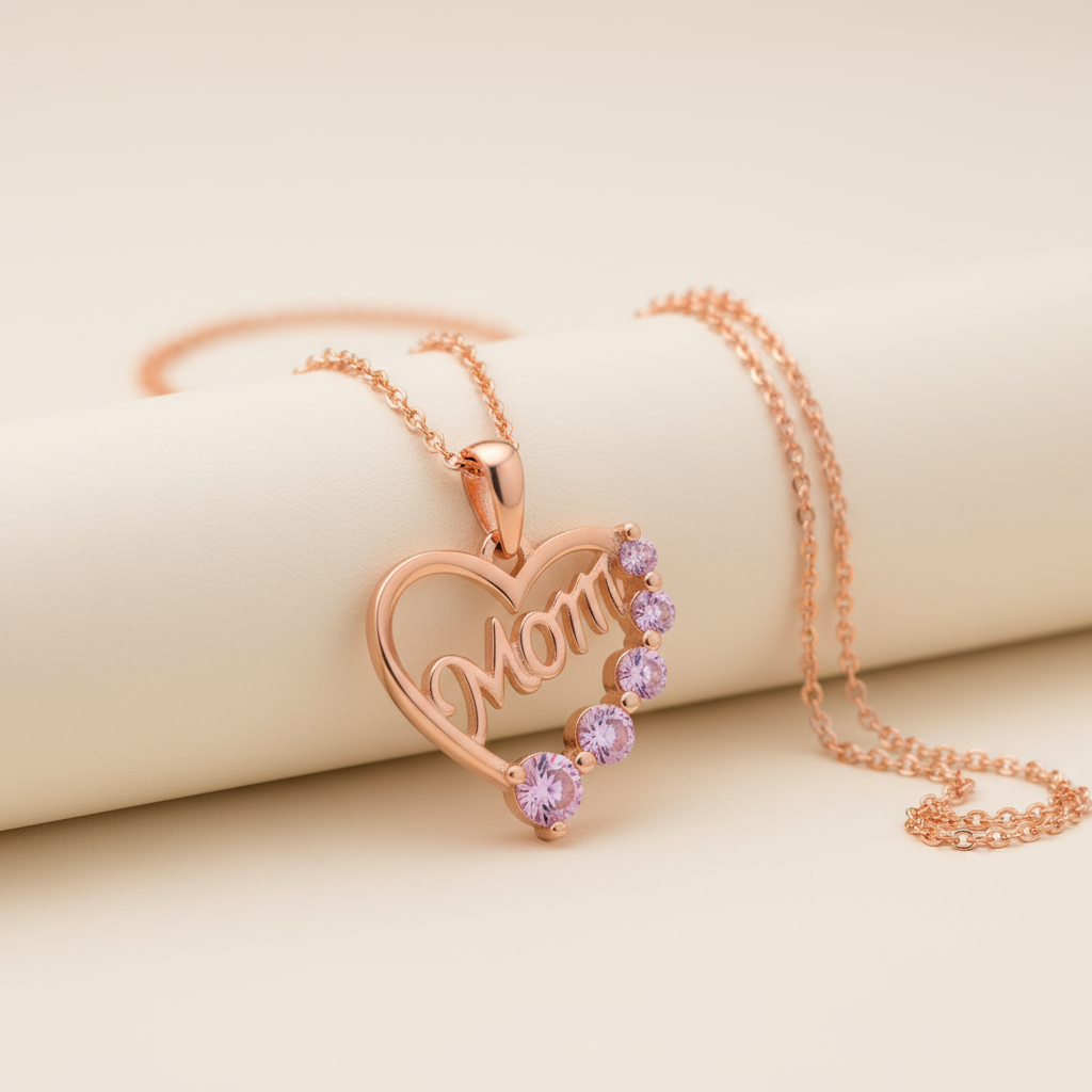 Five Stone Mom Heart Pendant Necklace