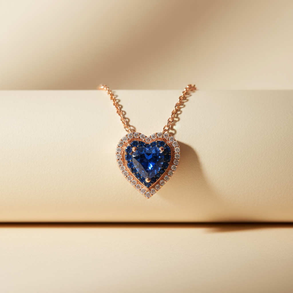 Blue Sapphire Double Heart Pendant Necklace