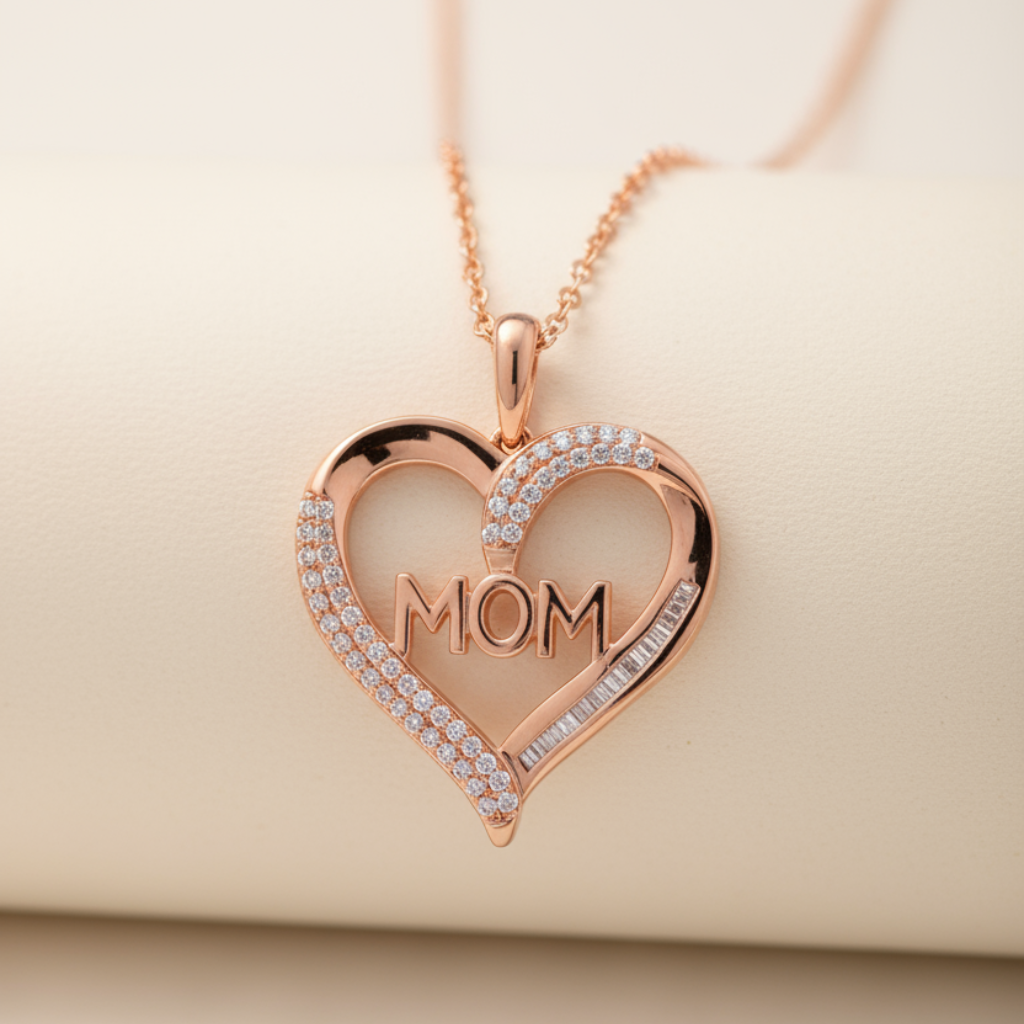 Baguette Heart Mom Pendant Necklace