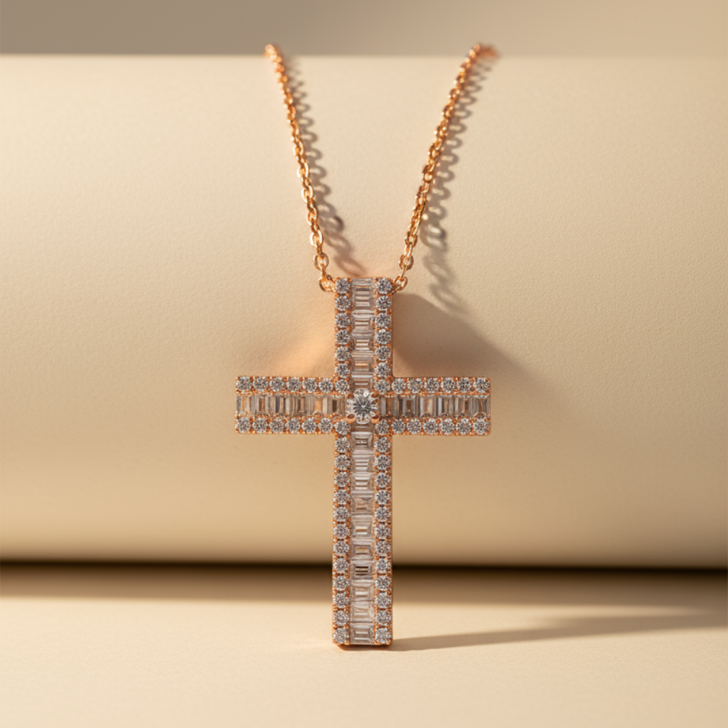 Baguette Moissanite Cross Pendant Necklace