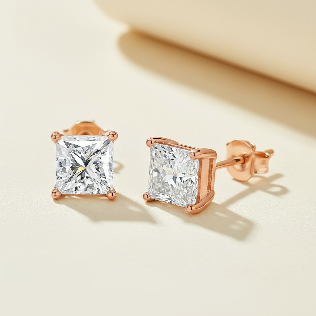 Princess Cut Moissanite Diamond Solitaire Stud
