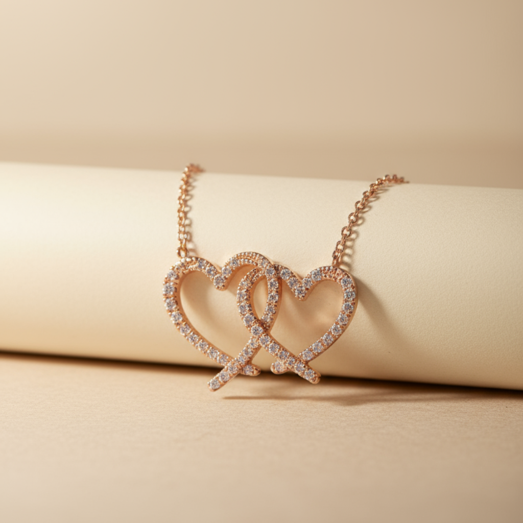 Round Cut Interlocking Double Heart Pendant Necklace