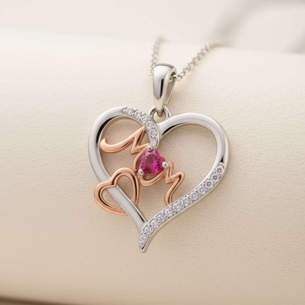 Ruby Double Heart Mom Pendant Necklace