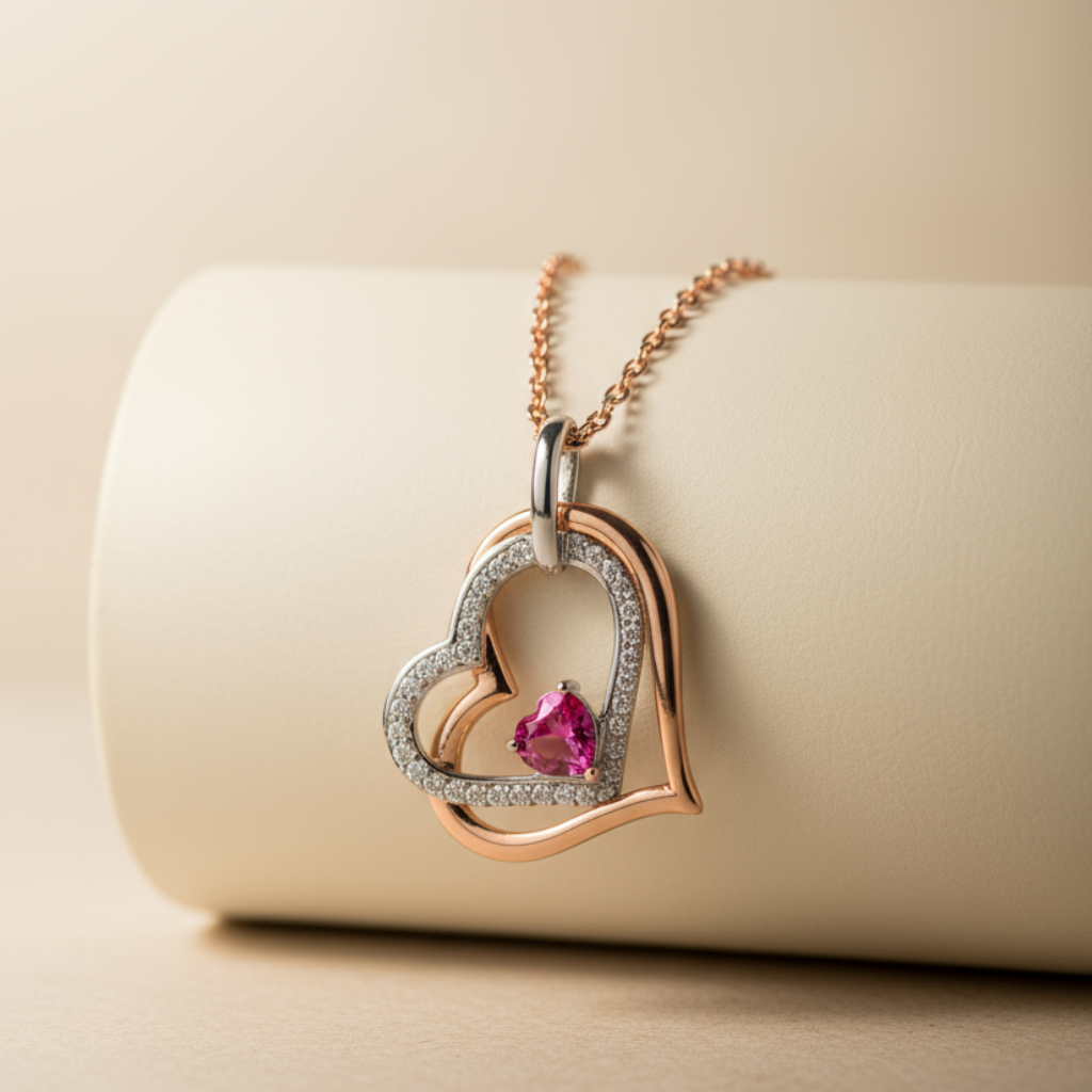 Ruby Tilted Double Heart Pendant Necklace