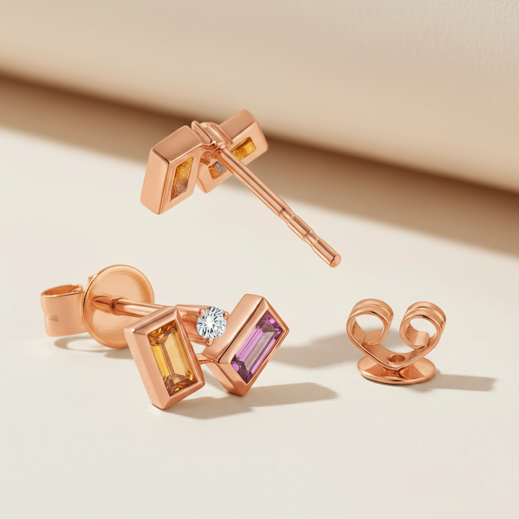 Baguette Simulated Amethyst Citrine Moissanite Gemstone Stud