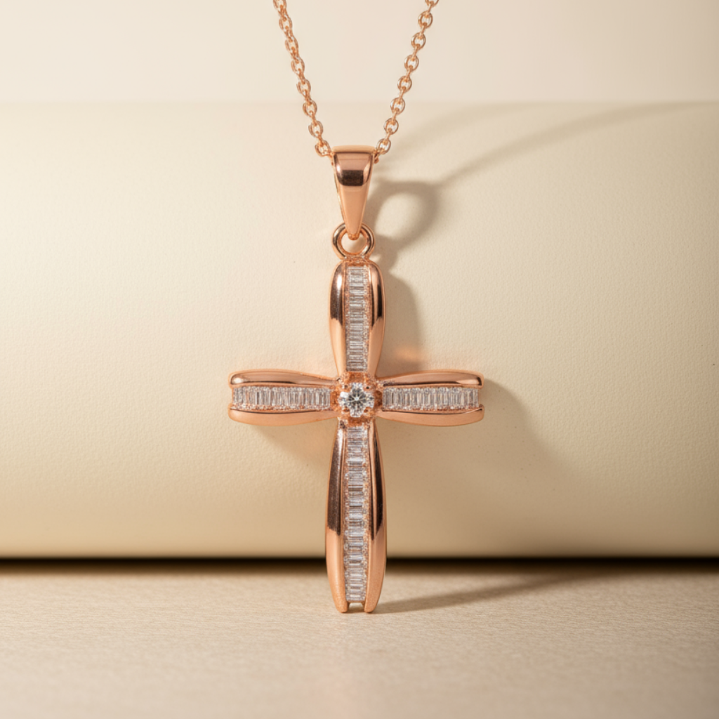 Baguette Round Cross Pendant Necklace
