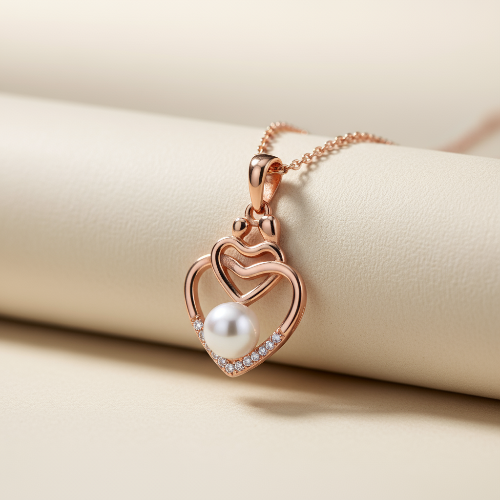 Pearl Child with Mom Double Heart Pendant Necklace