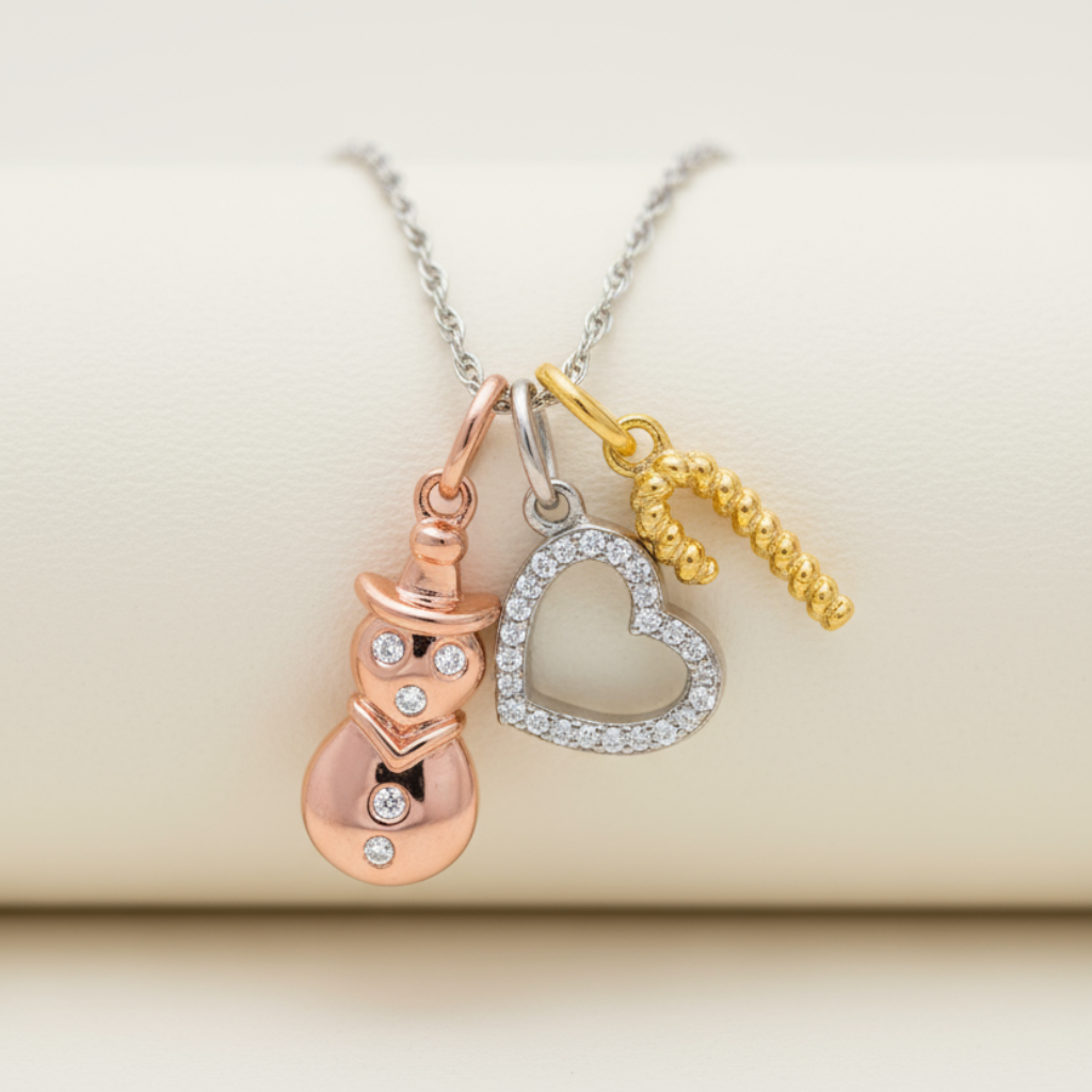 Snowman, Heart and Candy Cane Charms Pendant Necklace