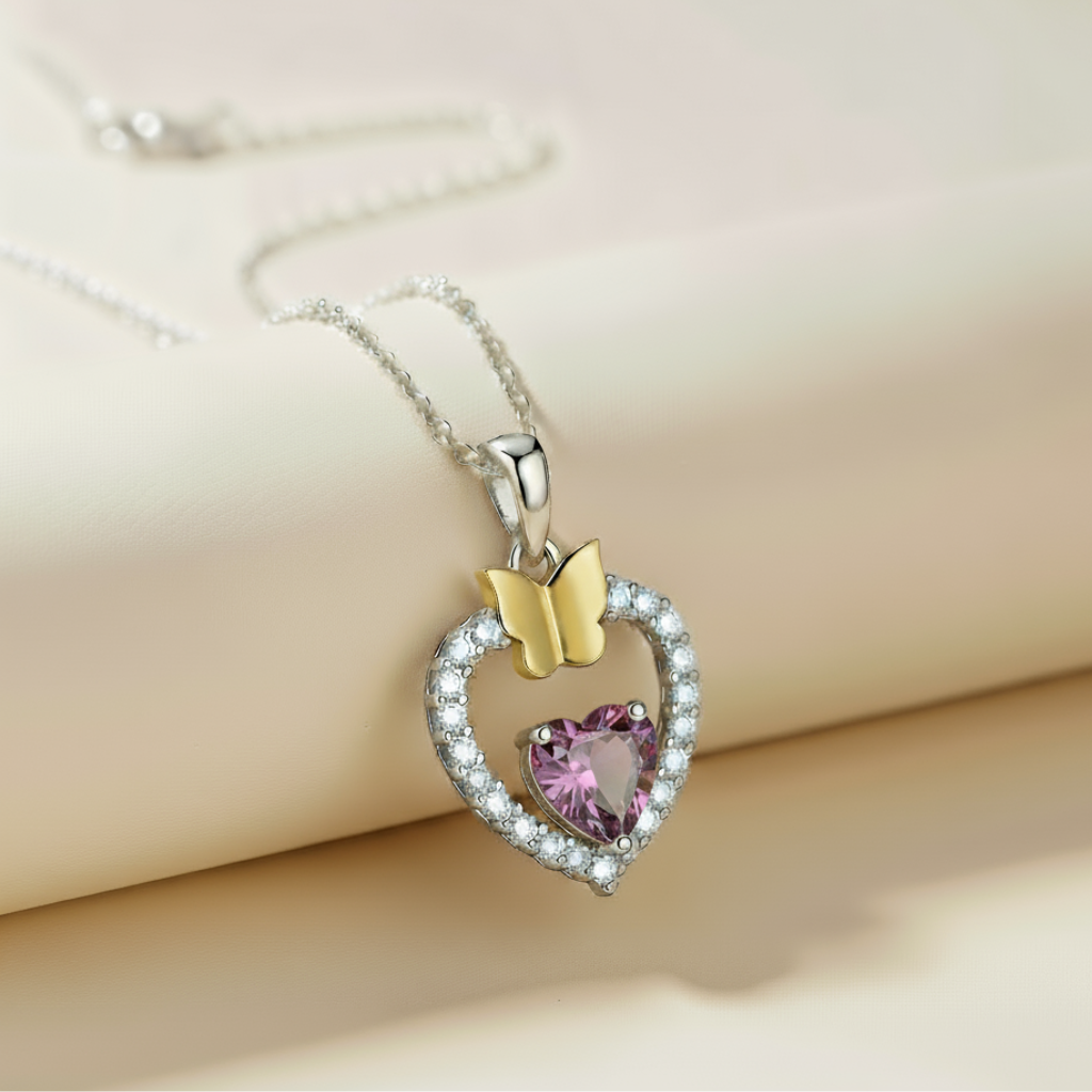 Gemstone Heart Butterfly Pendnat Necklace