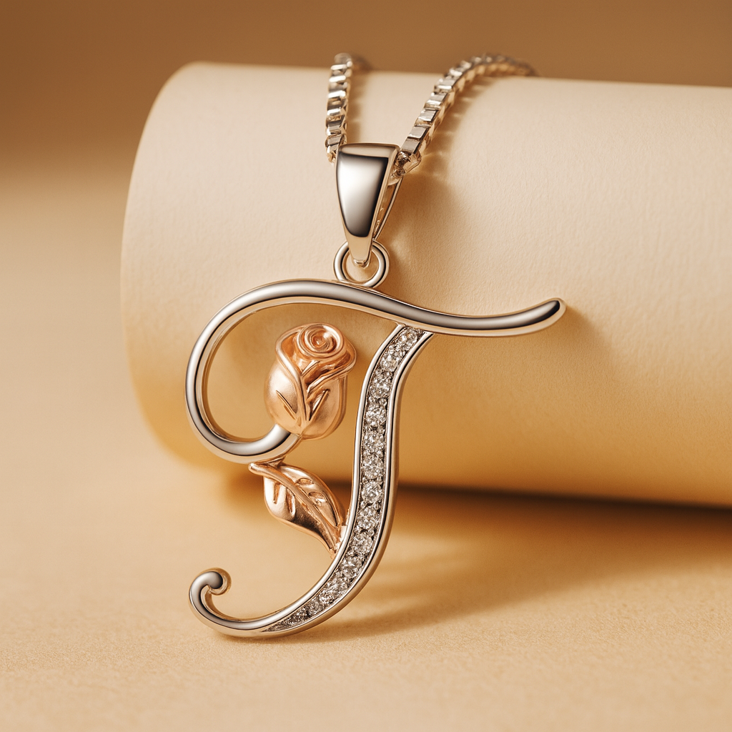 Initial Alphabet Rose Pendant Necklace