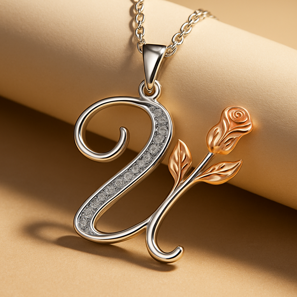 Initial Alphabet Rose Pendant Necklace