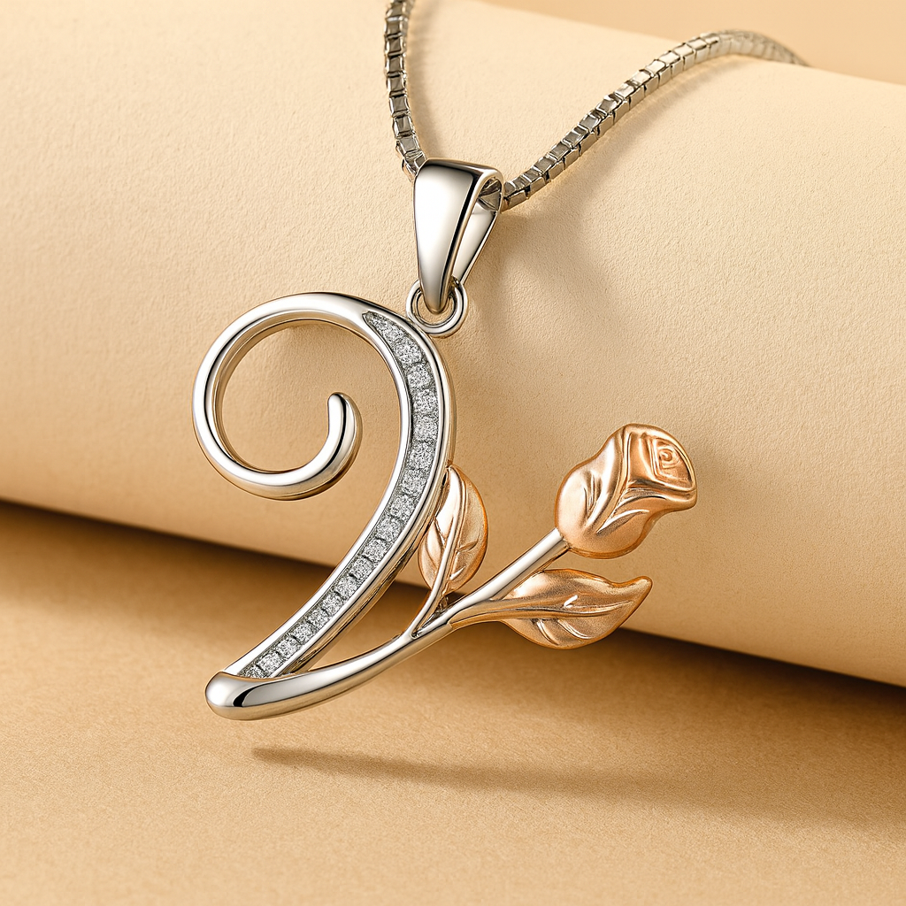 Initial Alphabet Rose Pendant Necklace