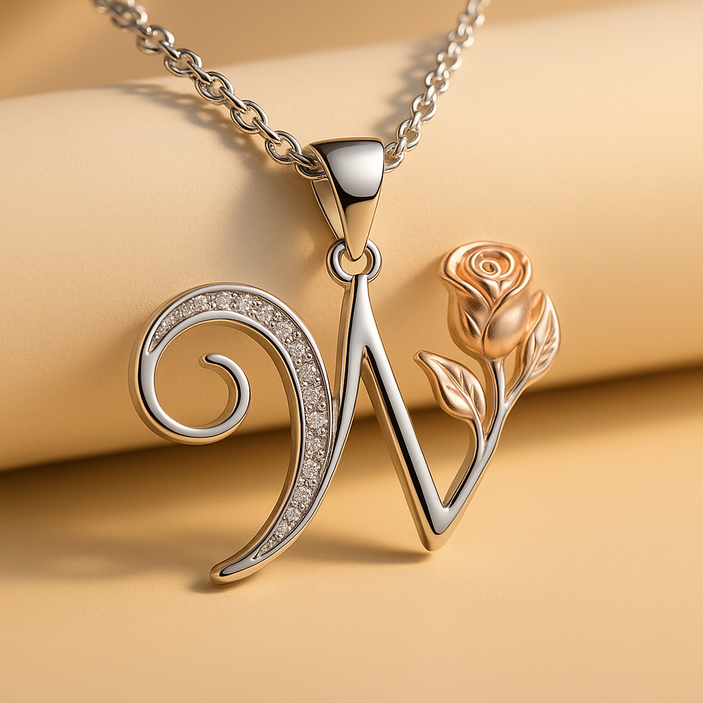 Initial Alphabet Rose Pendant Necklace