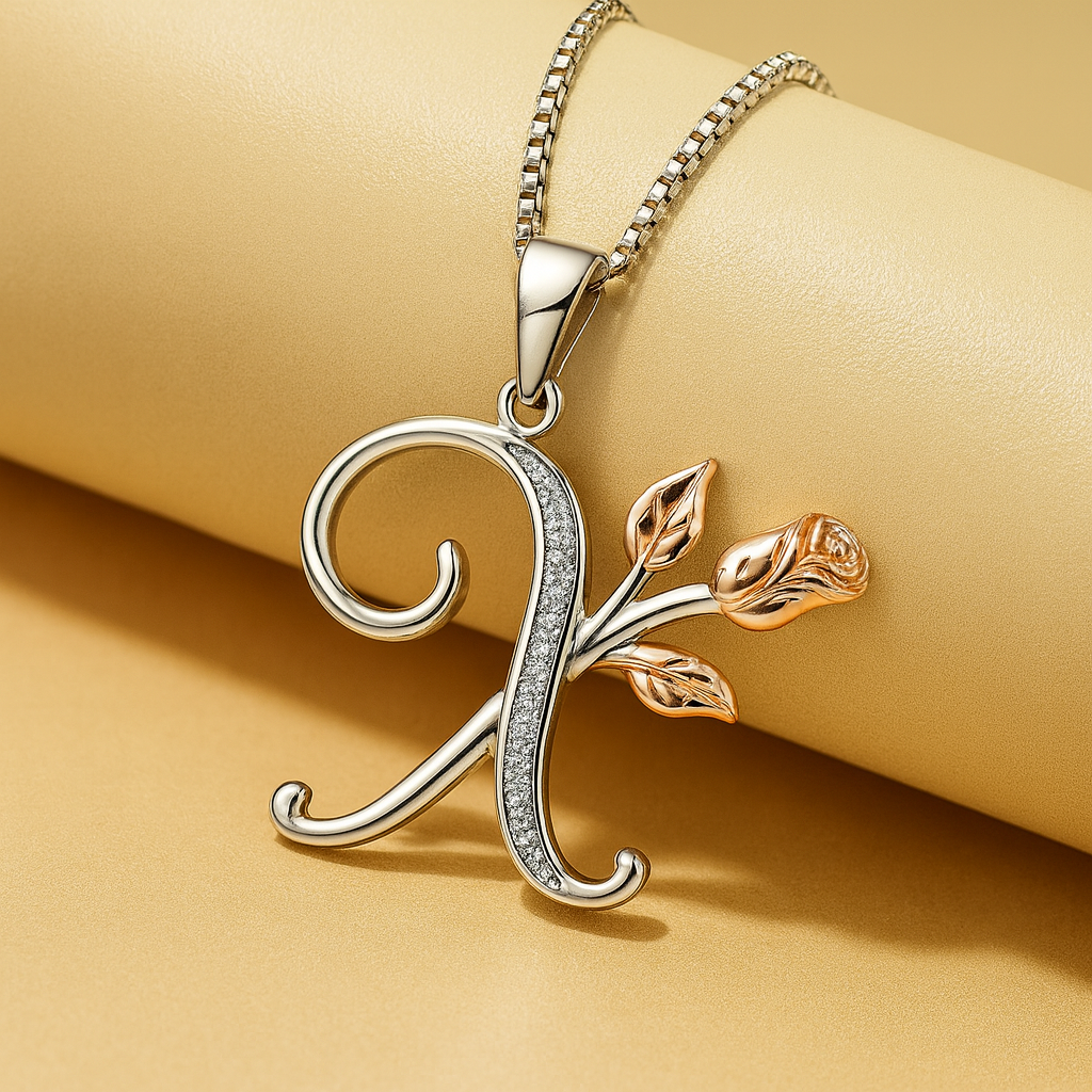 Initial Alphabet Rose Pendant Necklace