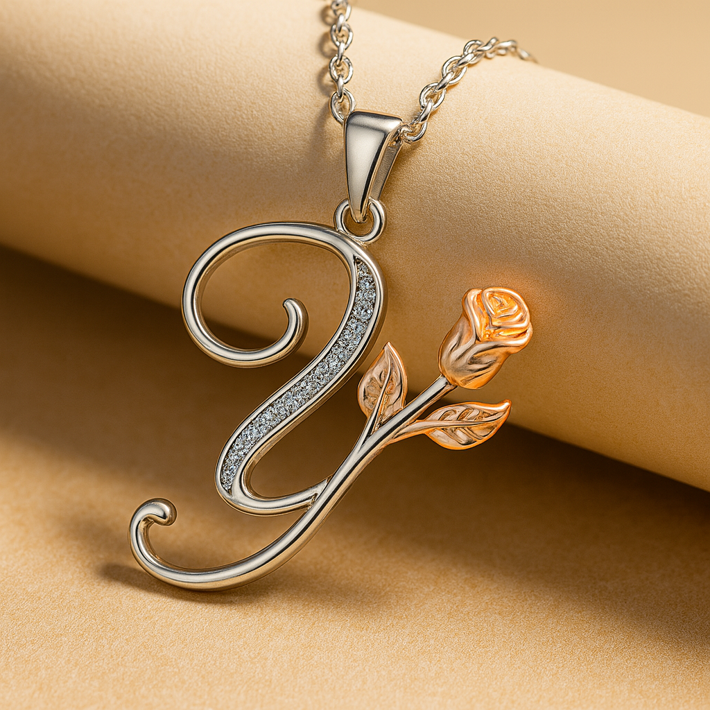 Initial Alphabet Rose Pendant Necklace