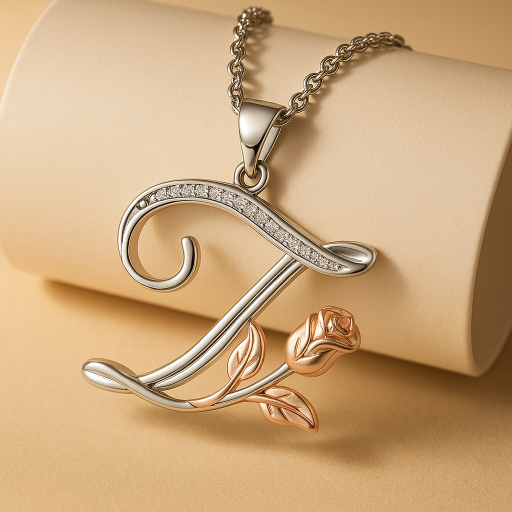 Initial Alphabet Rose Pendant Necklace
