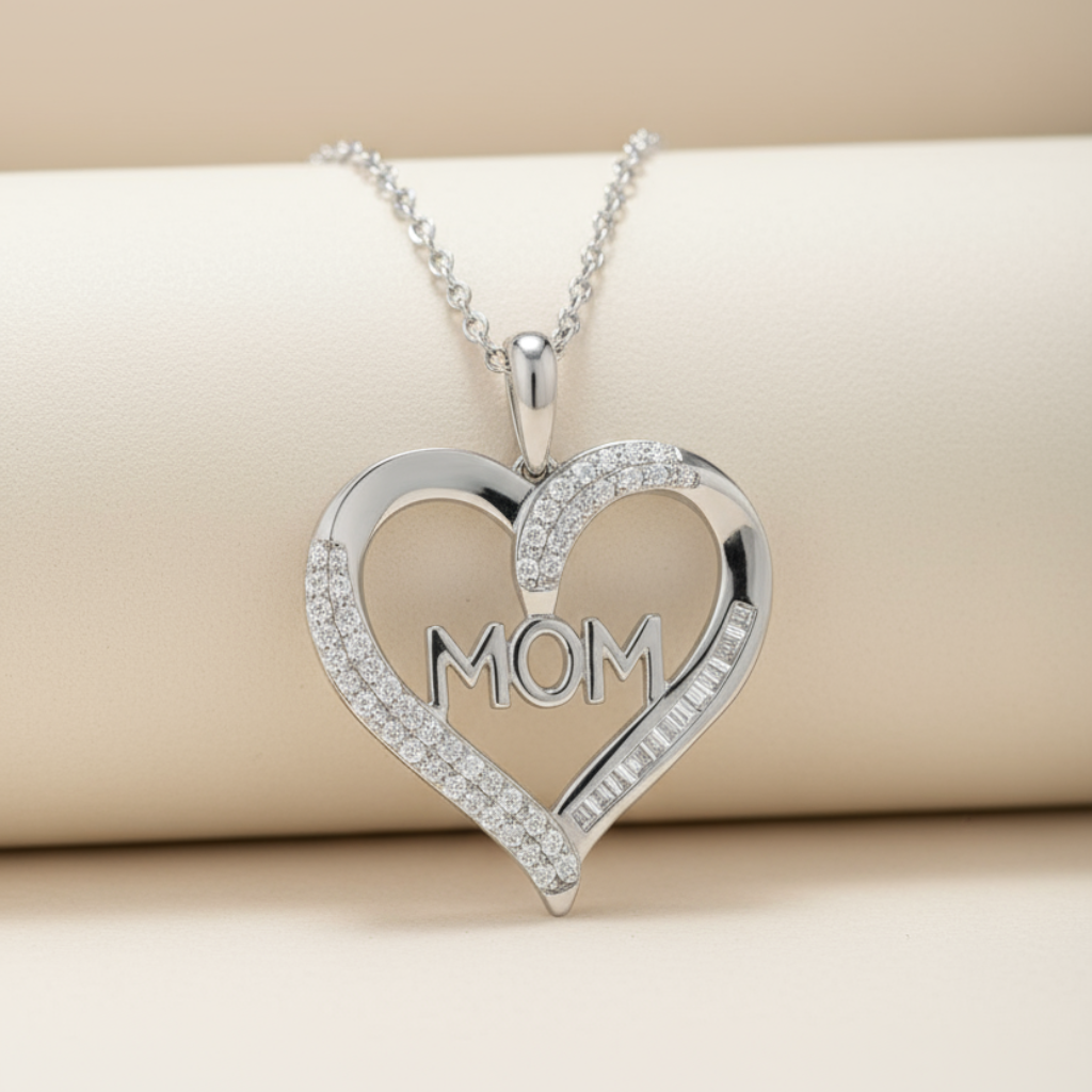 Baguette Heart Mom Pendant Necklace