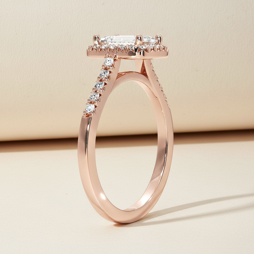 Emerald Cut Halo Moissanite Diamond Ring