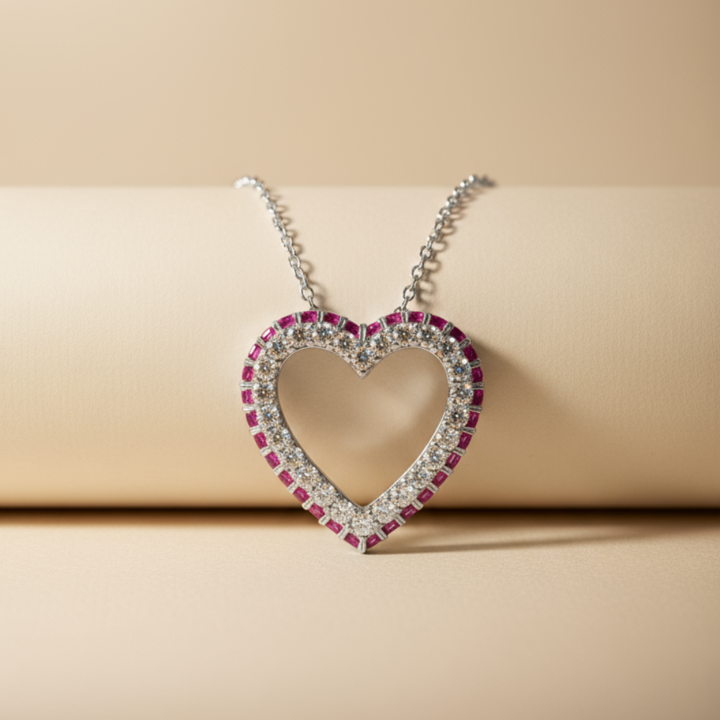 Pink Ruby Birthstone Heart Pendant Necklace
