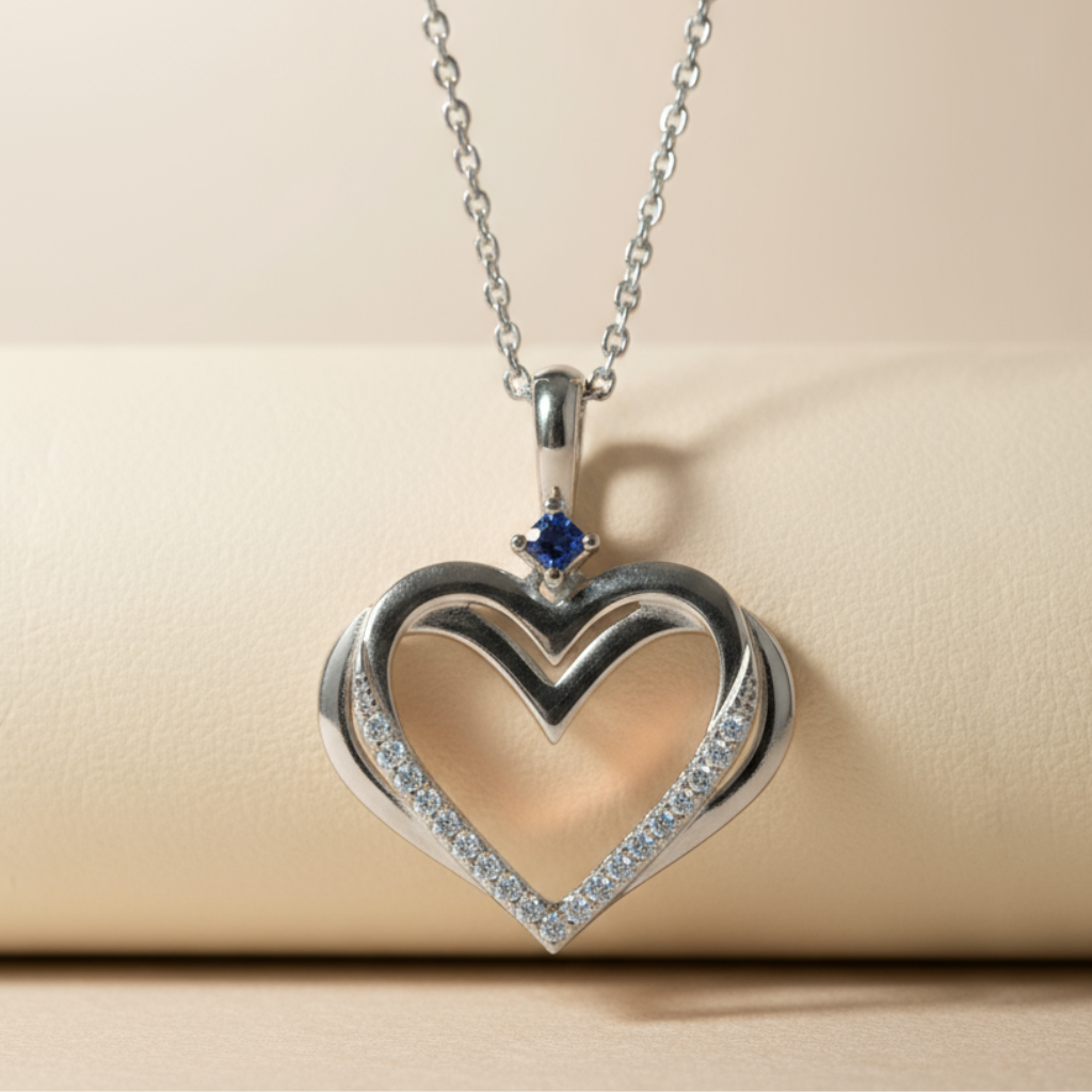 Lavish Blue Sapphire Double Heart Pendant Necklace