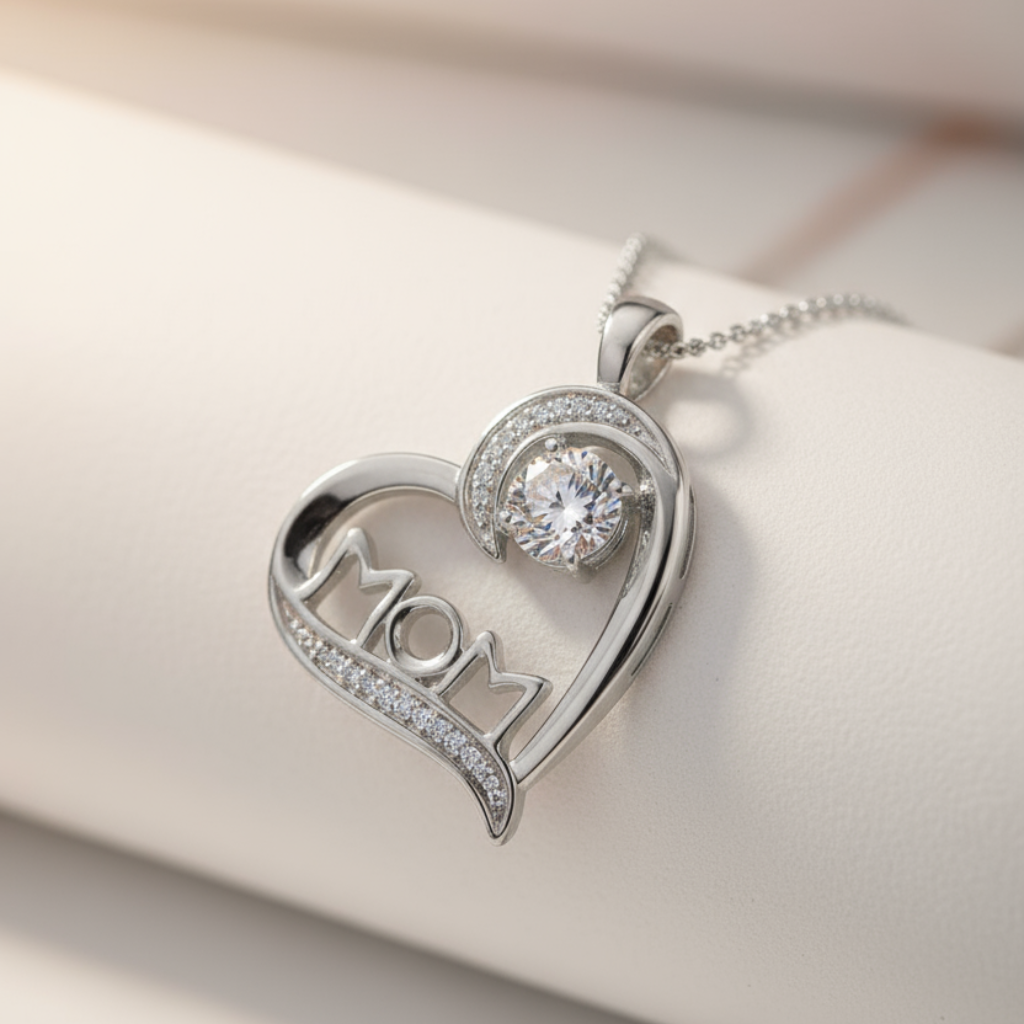 White Sapphire Mom Heart Pendant Necklace