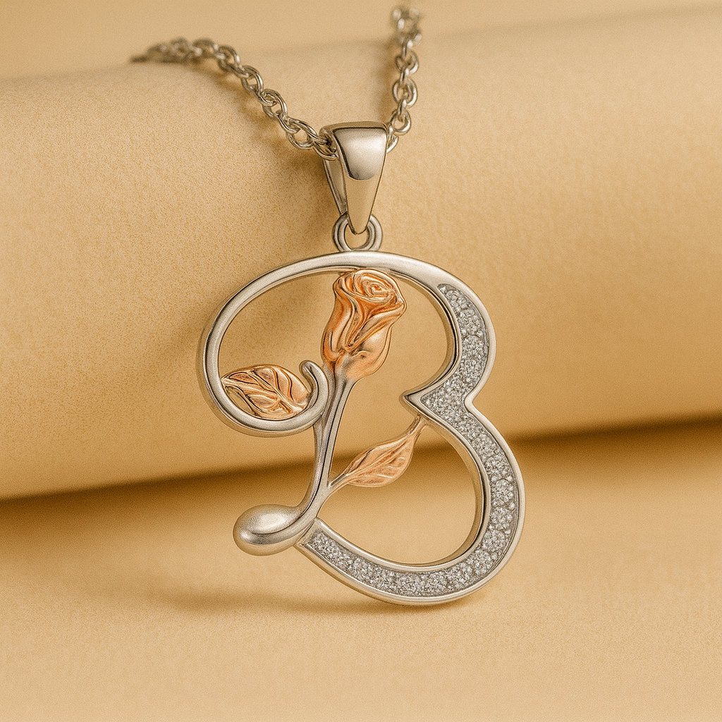Initial Alphabet Rose Pendant Necklace