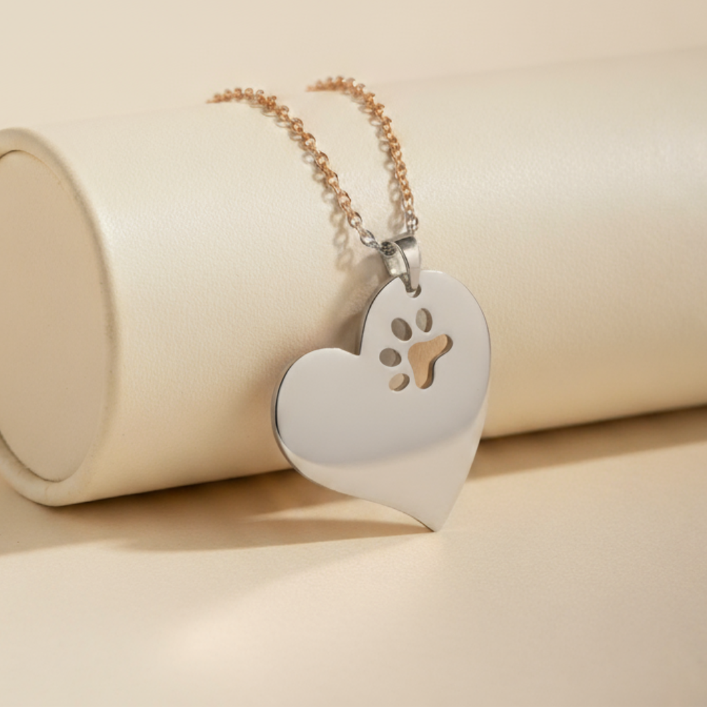 Dog Paw Print Cutout Heart Pendant Necklace