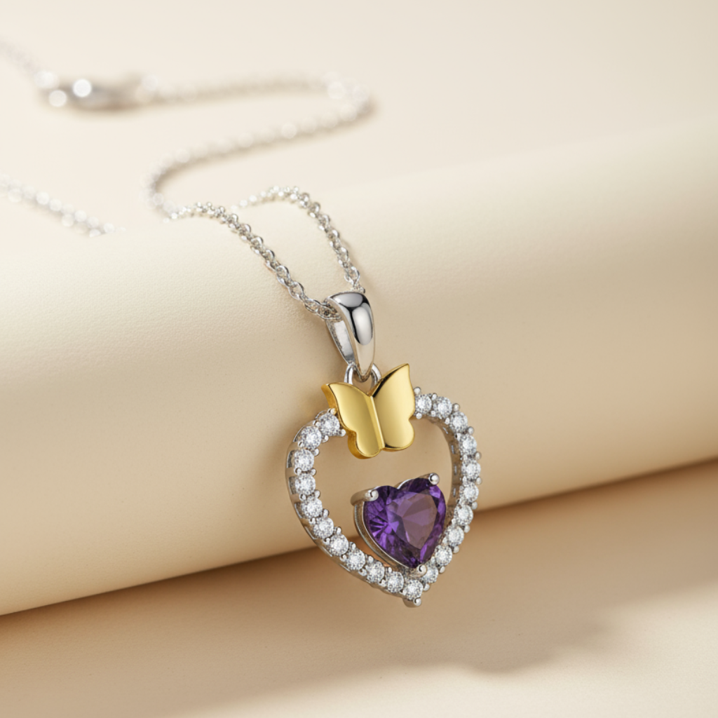 Gemstone Heart Butterfly Pendnat Necklace
