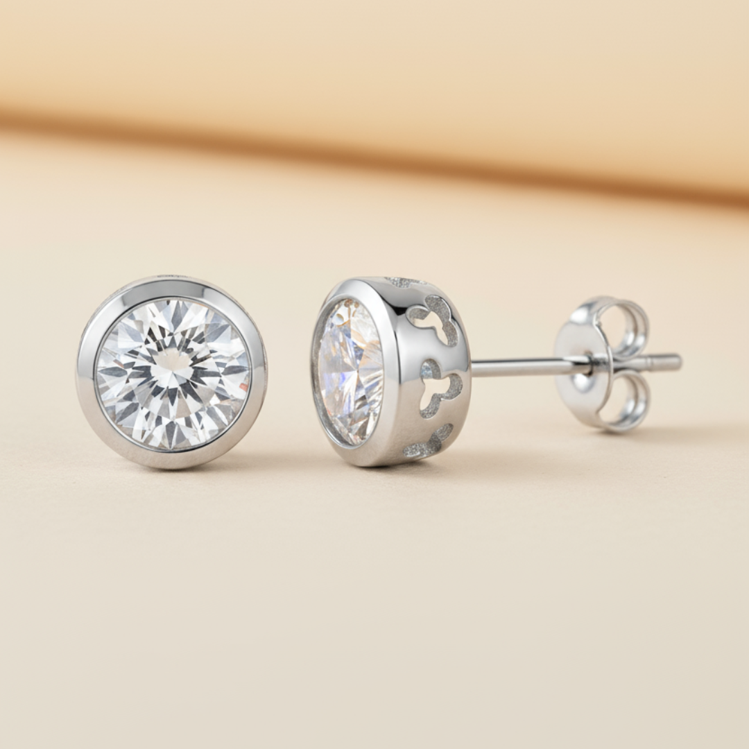 Round Bezel Moissanite Diamond Stud