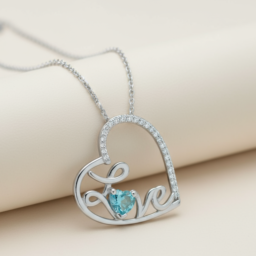 Blue Topaz Love Heart Pendant Necklace