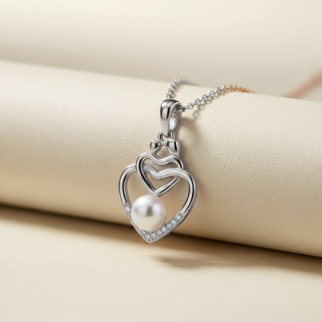 Pearl Child with Mom Double Heart Pendant Necklace