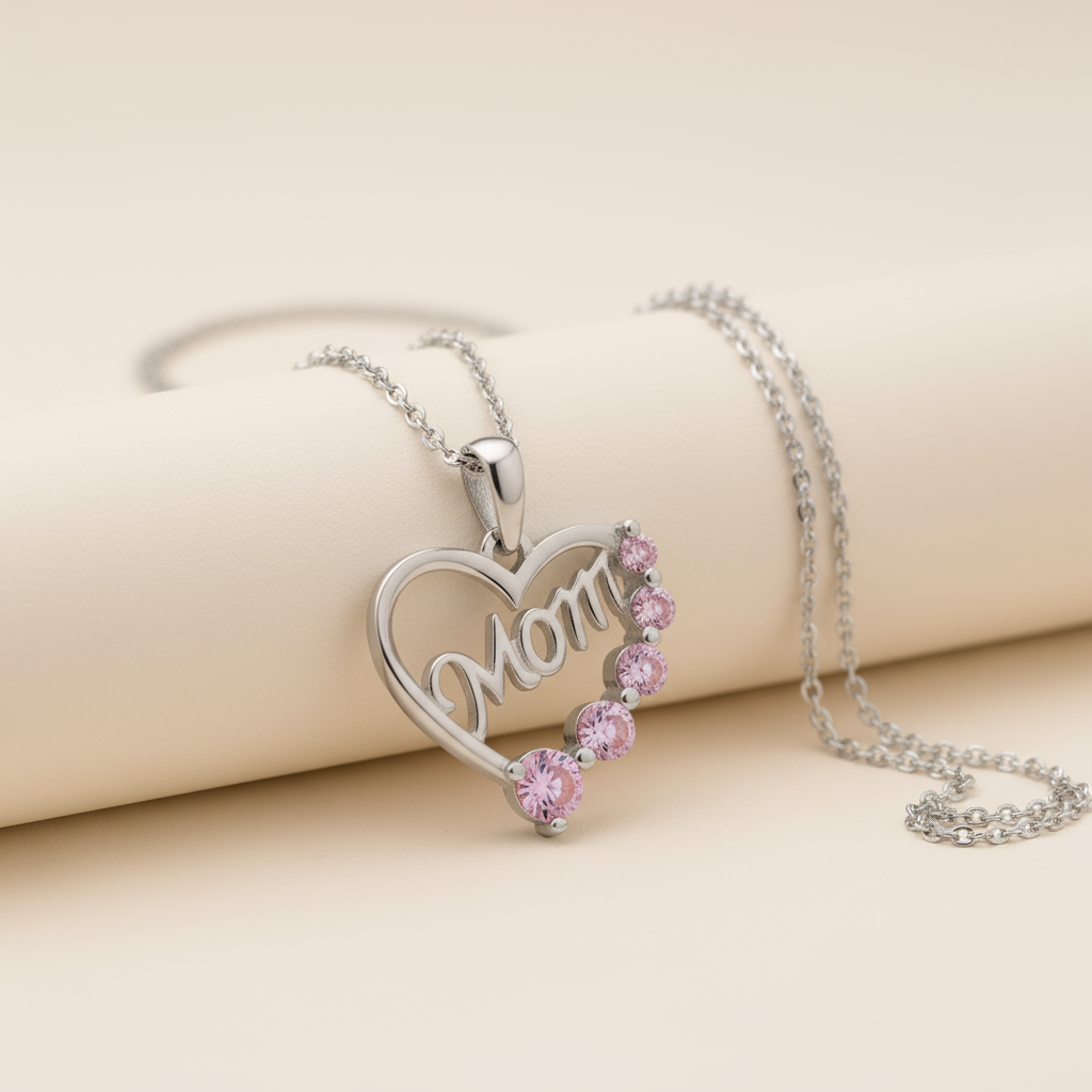 Five Stone Mom Heart Pendant Necklace