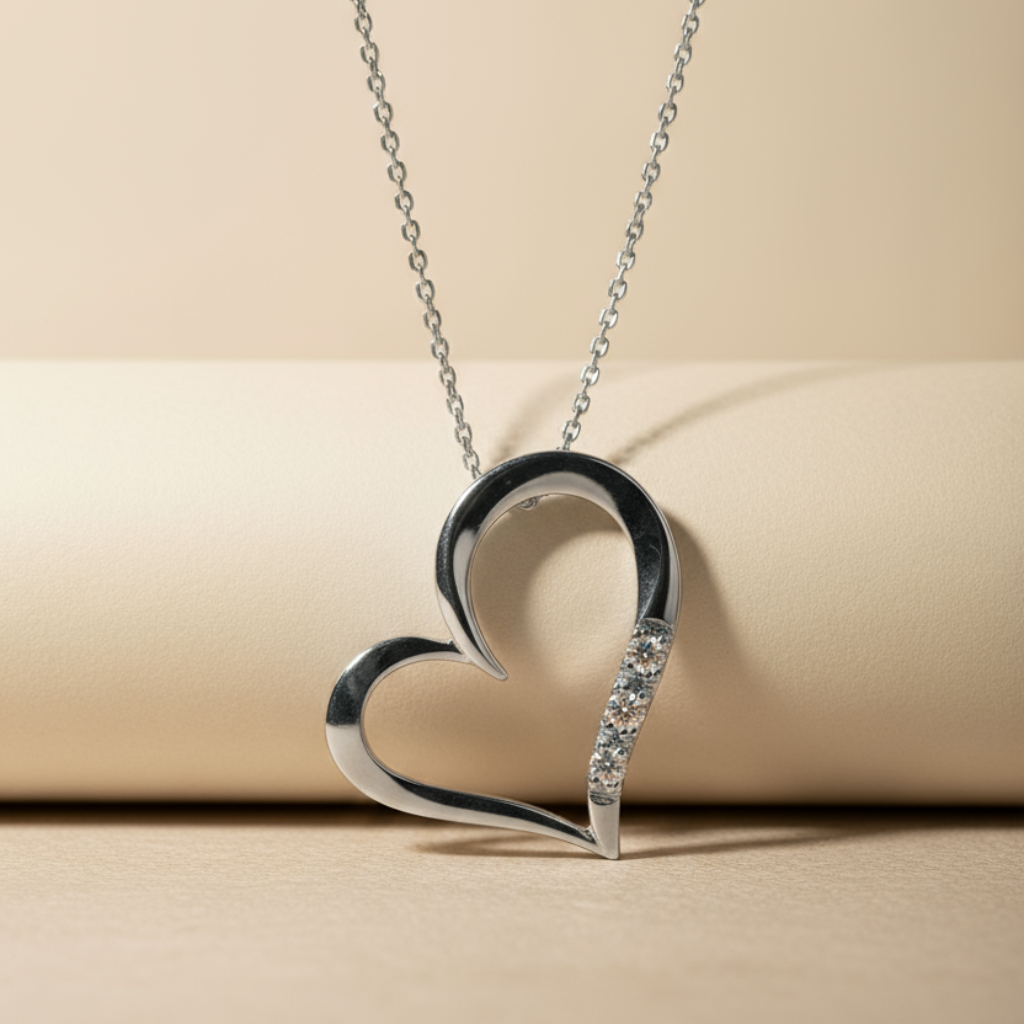 Three Stone Love Heart Pendant Necklace