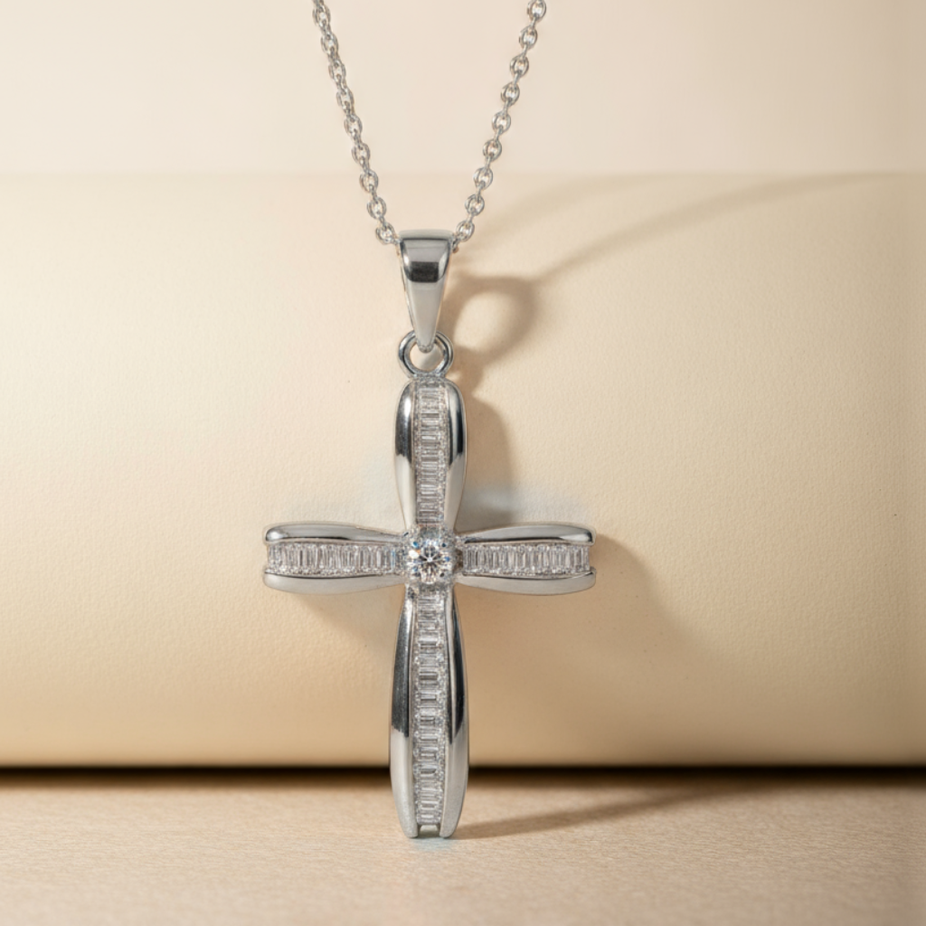Baguette Round Cross Pendant Necklace