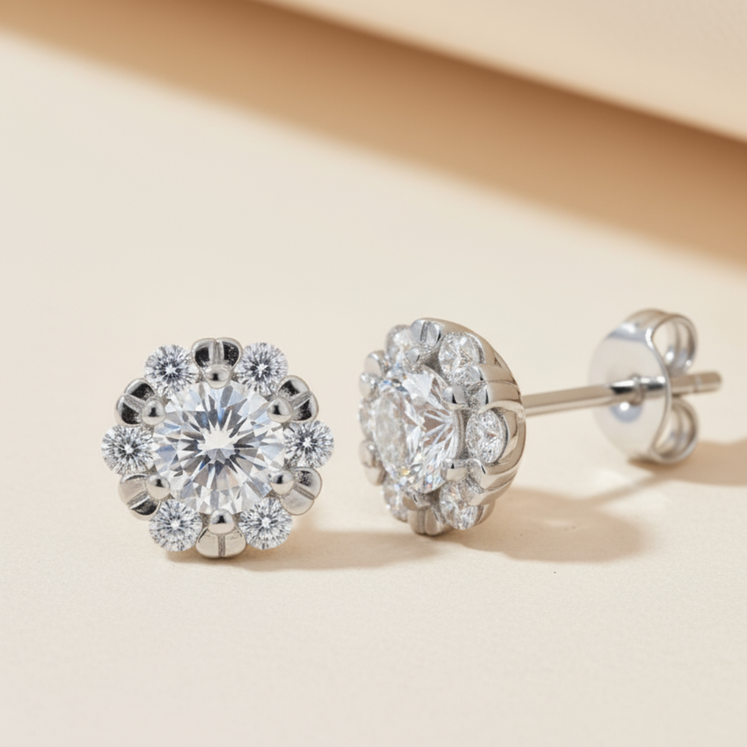 Snowflake Round Moissanite Diamond Stud