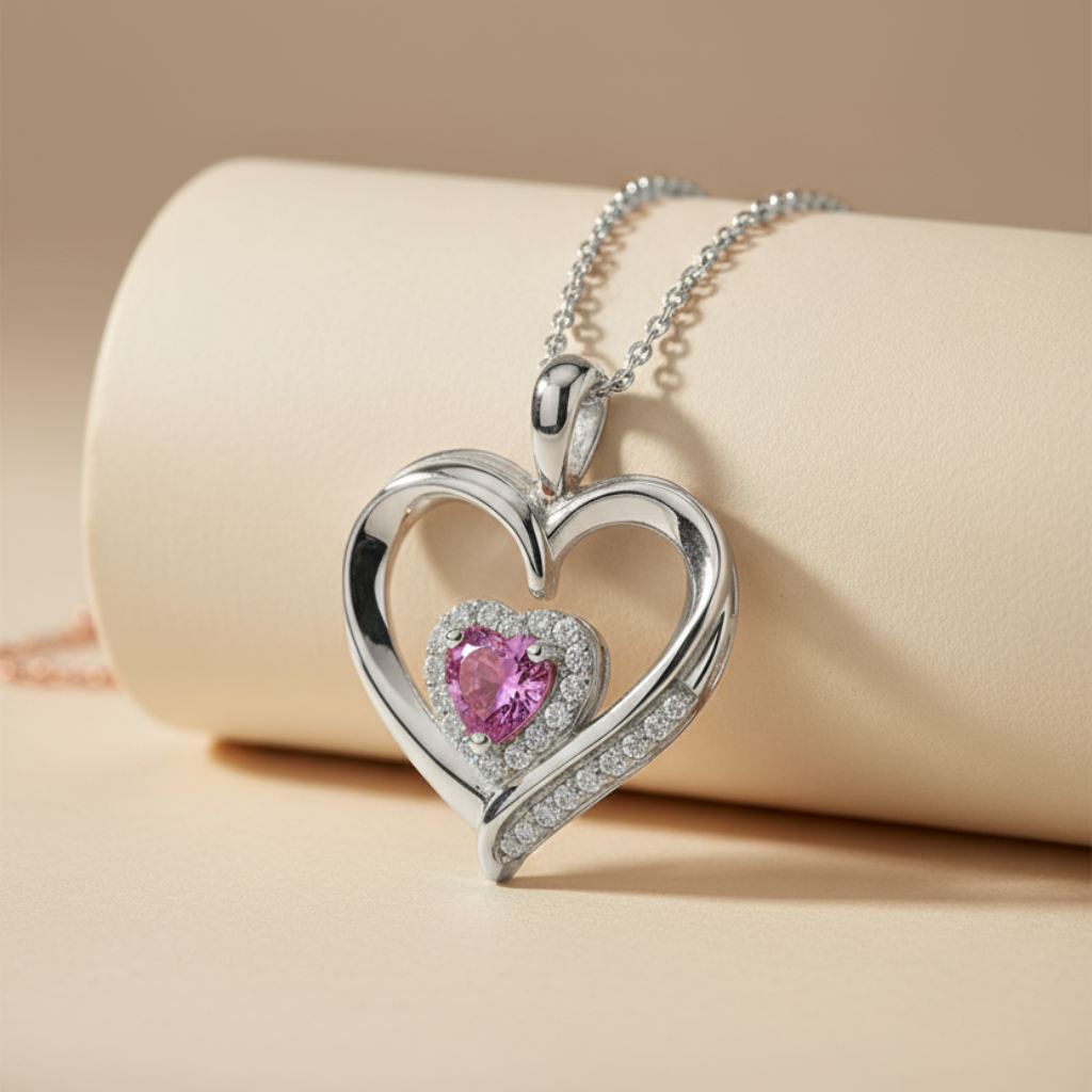 Pink Sapphire Double Love Heart Pendant Necklace