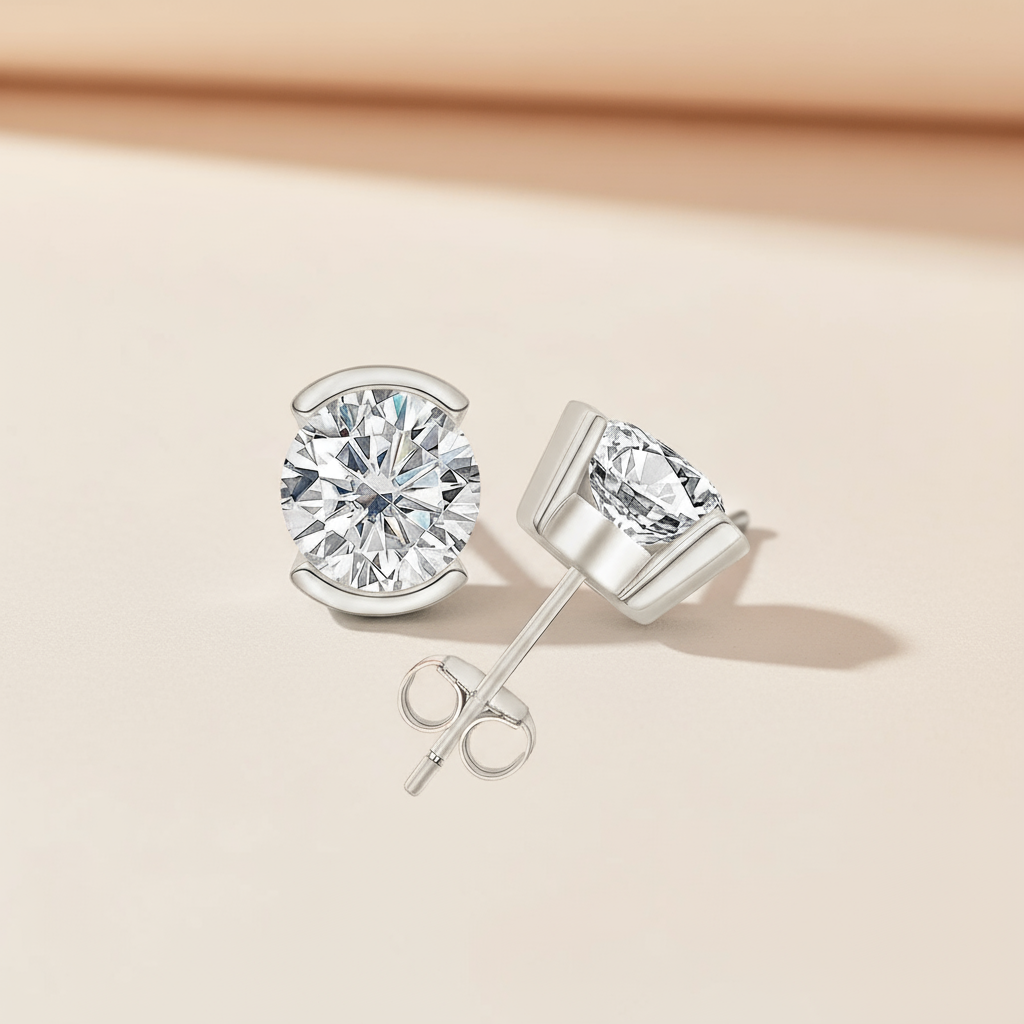 Round Half Bezel Moissanite Diamond Solitaire Stud